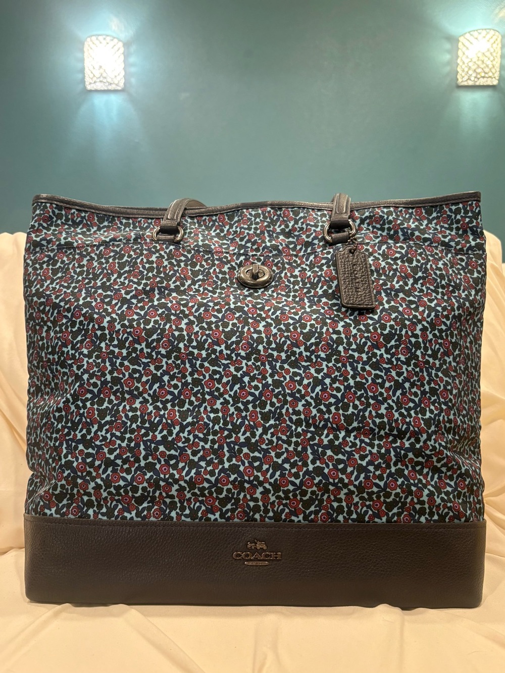 Coach Ranch Large Floral Nylon Leather Tote Bag